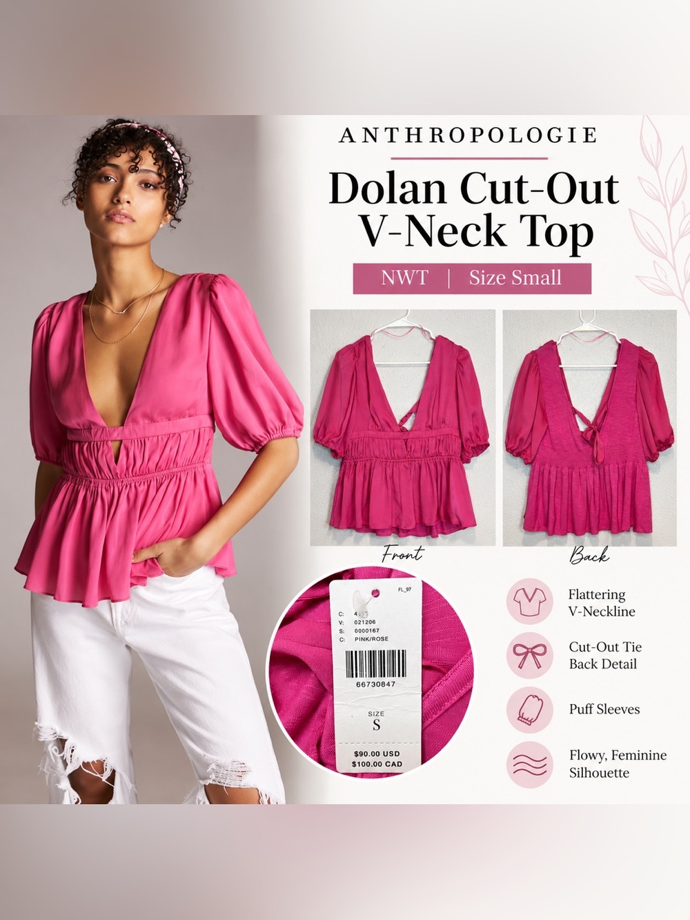 Anthropologie Dolan Cut-Out V-Neck Top Pink/Rose Women’s Size Small NWT